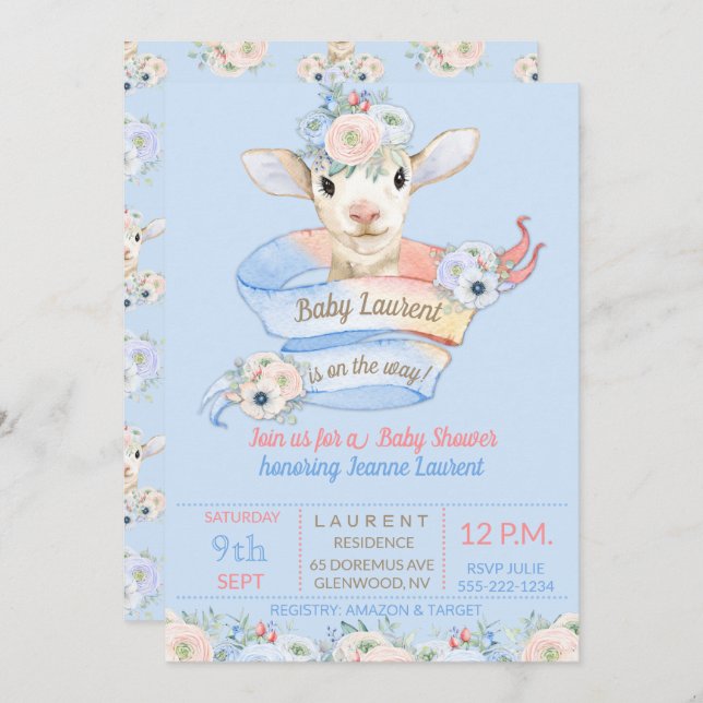 Baby Lamb Pink Blue Gender Neutral Reveal Invitation (Front/Back)
