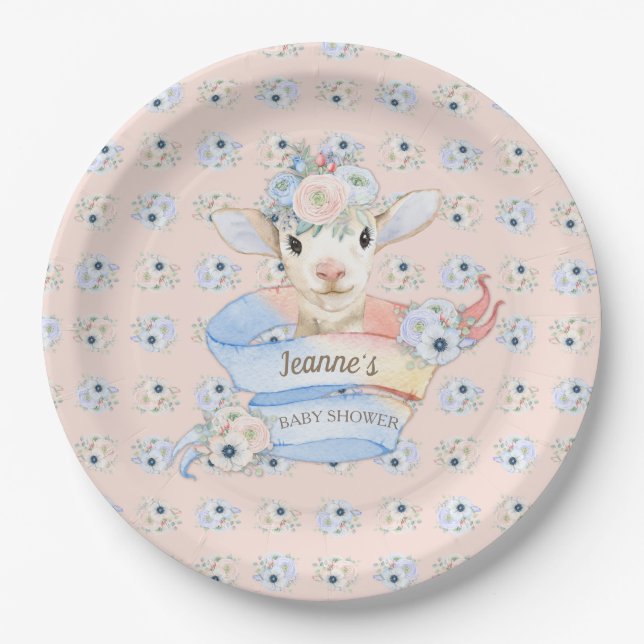 Baby Lamb Pink Blue Gender Neutral Reveal Paper Plate (Front)