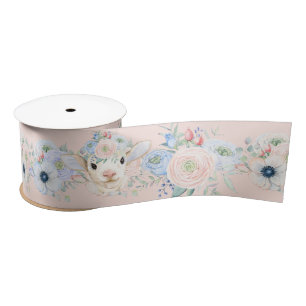 Baby Lamb Pink Blue Gender Neutral Reveal Satin Ribbon