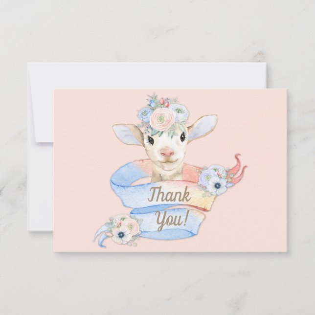Baby Lamb Pink Blue Gender Neutral Reveal Thank You Card (Front)
