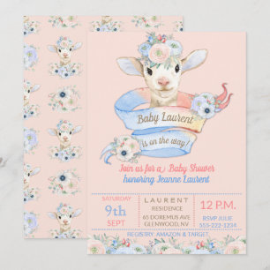 Baby Lamb Pink Blue Shower Nursery Farm Invitation