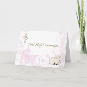 Baby Lamb Pink First Communion Greeting Card