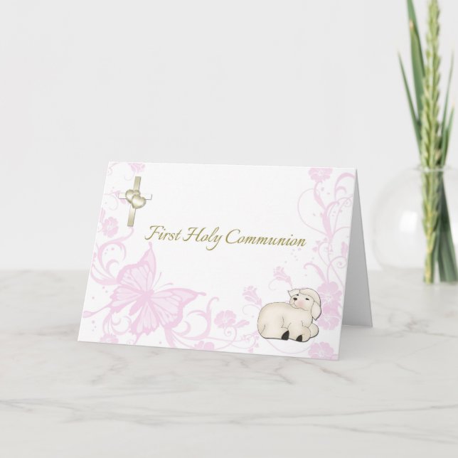 Baby Lamb Pink First Communion Greeting Card (Front)