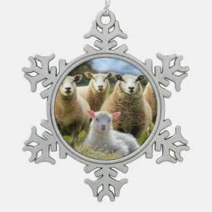 Baby Lamb Sheep Herd Flock Snowflake Pewter Christmas Ornament