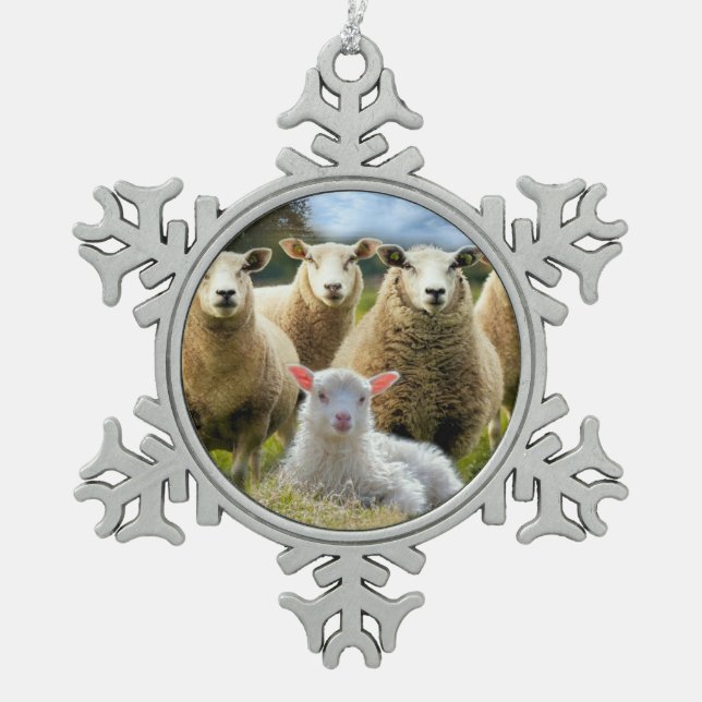 Baby Lamb Sheep Herd Flock Snowflake Pewter Christmas Ornament (Front)