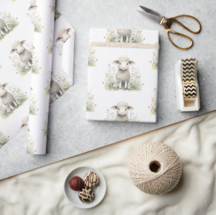 Baby Lamb Sheep Watercolor Baby Shower Wrapping Paper
