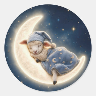 Baby Lamb Sleeping on a Crescent Moon Classic Round Sticker