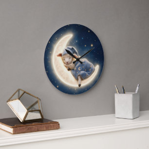 Baby Lamb Sleeping on a Crescent Moon Large Clock