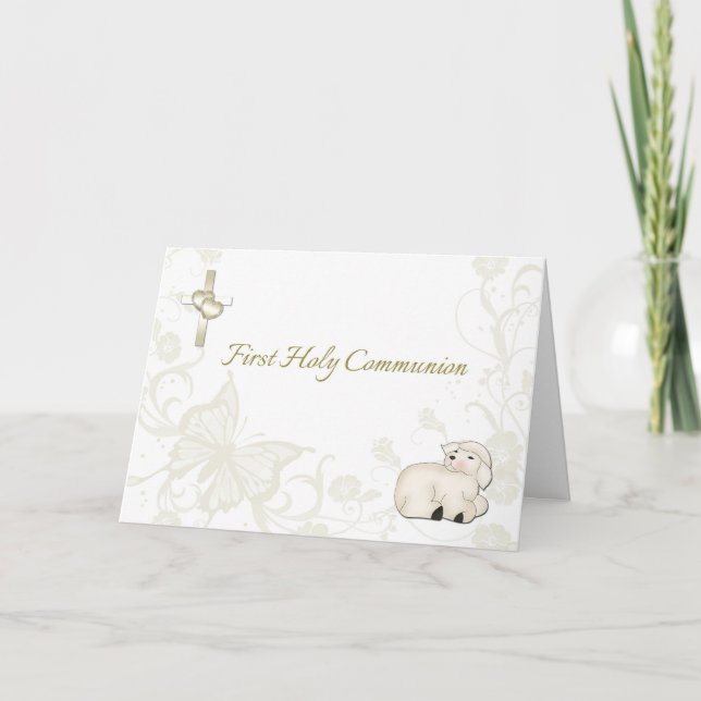Baby Lamb Tan First Communion Greeting Card (Front)