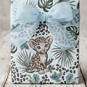 Baby Leopard Blue Safari Kids Jungle Pattern Wrapping Paper