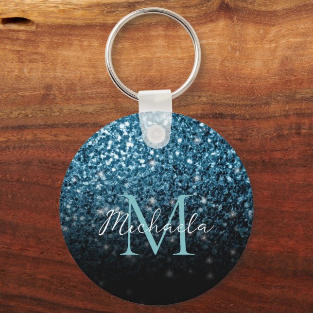 Baby light blue faux glitter sparkles Monogram Key Ring (Front)