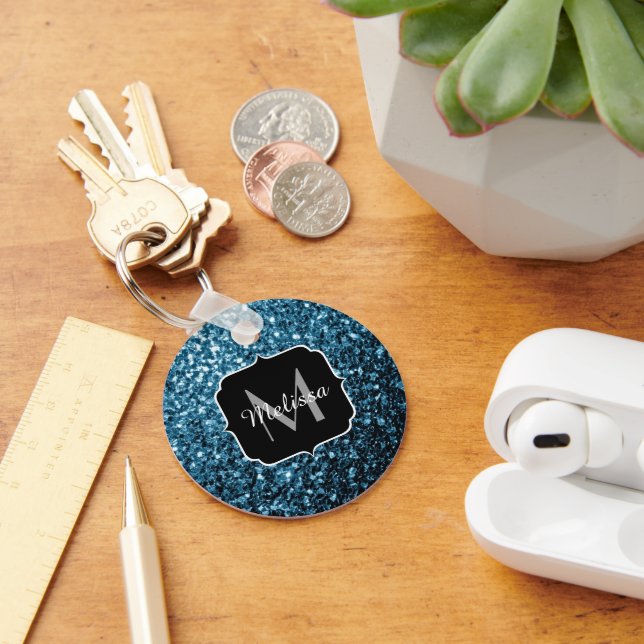 Baby light blue faux glitter sparkles Monogram Key Ring (Desk)