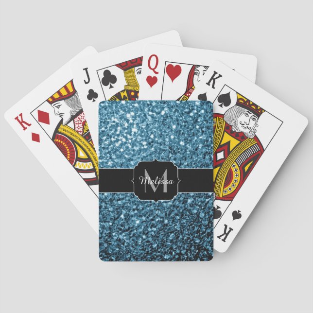 Baby light blue faux glitter sparkles Monogram Playing Cards (Back)