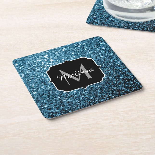 Baby light blue faux glitter sparkles Monogram Square Paper Coaster (Angled)