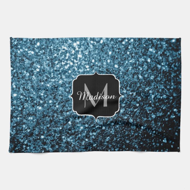 Baby light blue faux glitter sparkles Monogram Tea Towel (Horizontal)