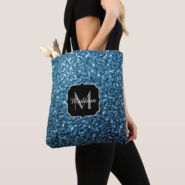 Baby light blue faux glitter sparkles Monogram Tote Bag (Close Up)
