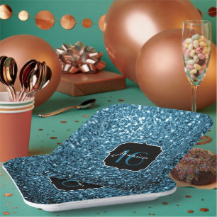 Baby light blue faux glitter sparkles Sweet 16 Paper Plate