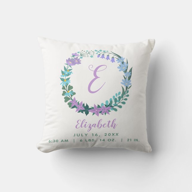 Baby Lilac Blue Green Birth Stats Floral Wreath Cushion (Front)