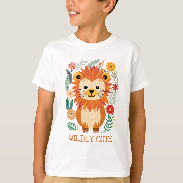 Baby Lion Colourful Leaves Flowers T-Shirt (Front)