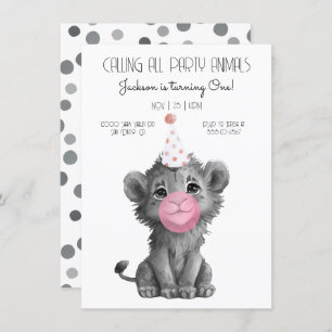 Baby Lion Cub black and white Birthday Invitation