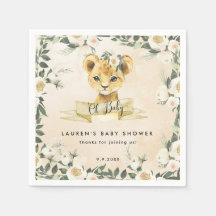 baby lion cub neutral florals baby shower napkins