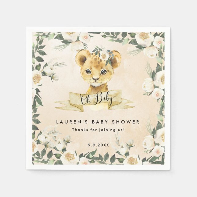 baby lion cub neutral florals baby shower napkins (Front)