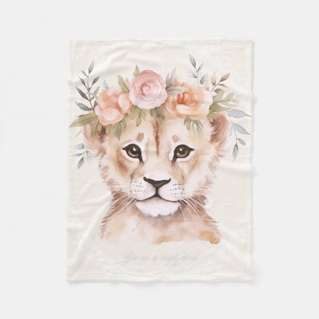 Baby Lion Cub with Flower Crown  Fleece Blanket (Front)