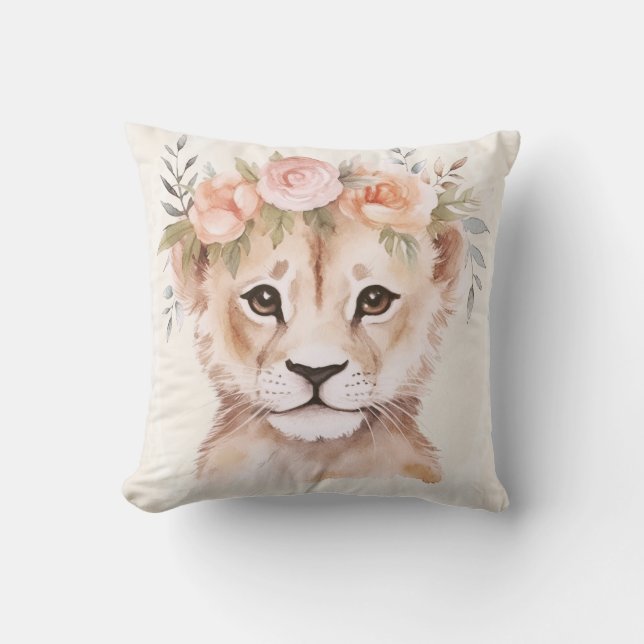 Baby Lion Cub with Flower Crown | Nursery Design Cushion (Front)