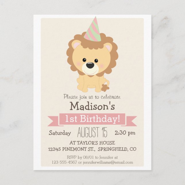 Baby Lion Girl's Birthday Party Invitation (Front)