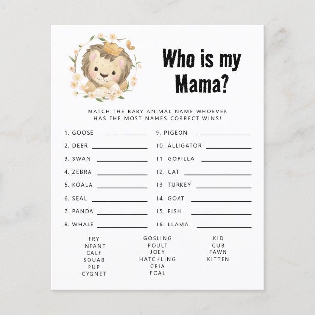 Baby Lion King Who Is My Mama Baby Shower Game  (Front)