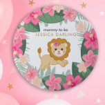 Baby Lion Mummy to be button for baby shower<br><div class="desc">Cute baby lion with mummy to be and mum's name below.  Light and dark pink jungle flowers with jungle leaves and ferns decorate the outside.  Perfect for baby girl's Lion theme shower / jungle / safari.</div>