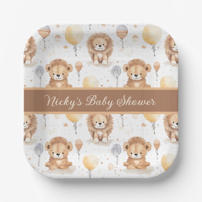 Baby Lion Personalised Baby Shower Paper Plate (Front)