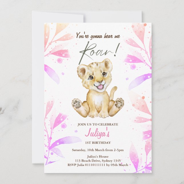 Baby lion Roar baby girl 1st Birthday  Invitation (Front)