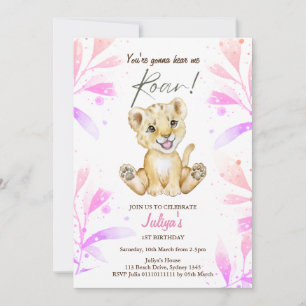 Baby lion Roar baby girl 1st Birthday  Invitation