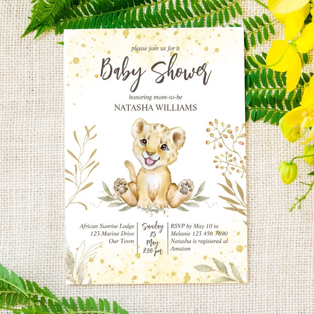 Baby lion yellow gold brown baby shower invite (Creator Uploaded)