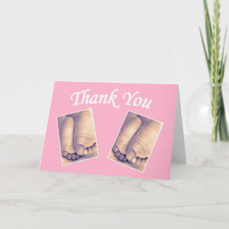 Baby little feet twins thank you card pink
