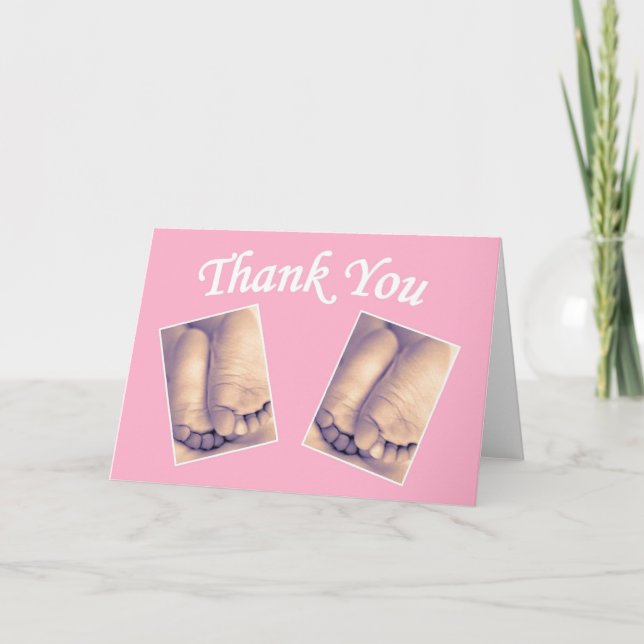 Baby little feet twins thank you card pink (Front)