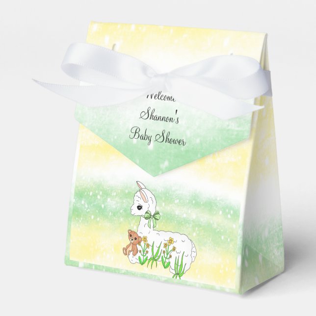 Baby Llama Green and Yellow Baby Shower Favour Box (Front Side)