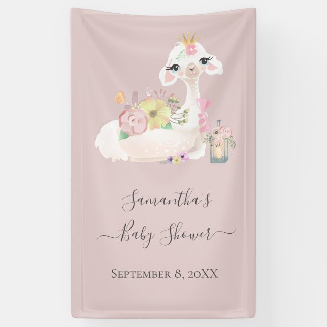 Baby Llama White and Pink Flowers Baby Shower Banner (Vertical)
