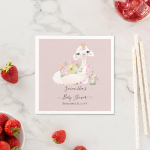 Baby Llama White Pink Flowers Baby Shower Napkin