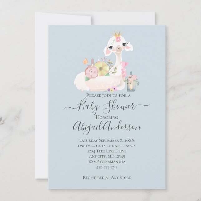 Baby Llama with Flowers White and Blue Baby Boy  Invitation (Front)