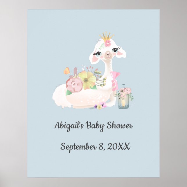 Baby Llama with Flowers White and Blue Baby Boy Poster (Front)