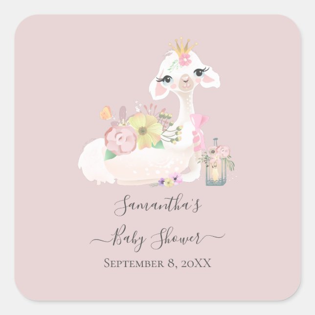 Baby Llama with White and Pink Flowers Adorable  Square Sticker (Front)