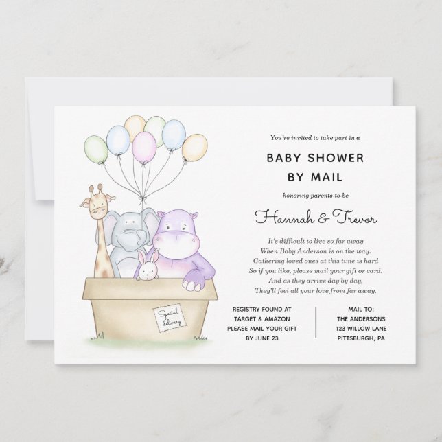 Baby Long Distance Jungle Animals Shower by Mail Invitation (Front)