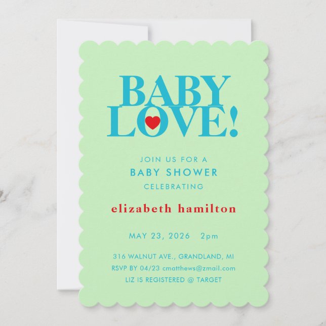 BABY LOVE! Bold Green Blue Baby Shower Invitation (Front)