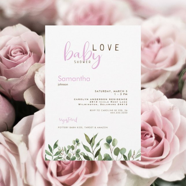 Baby Love Botanical Pink Baby Girl Shower Invitation (Creator Uploaded)