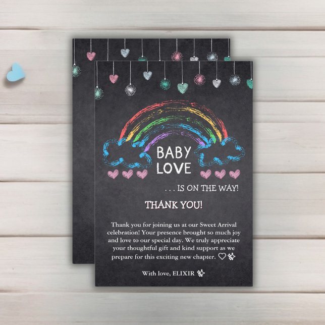 Baby Love Chalkboard Hearts & Rainbow Baby Shower Thank You Card (Creator Uploaded)