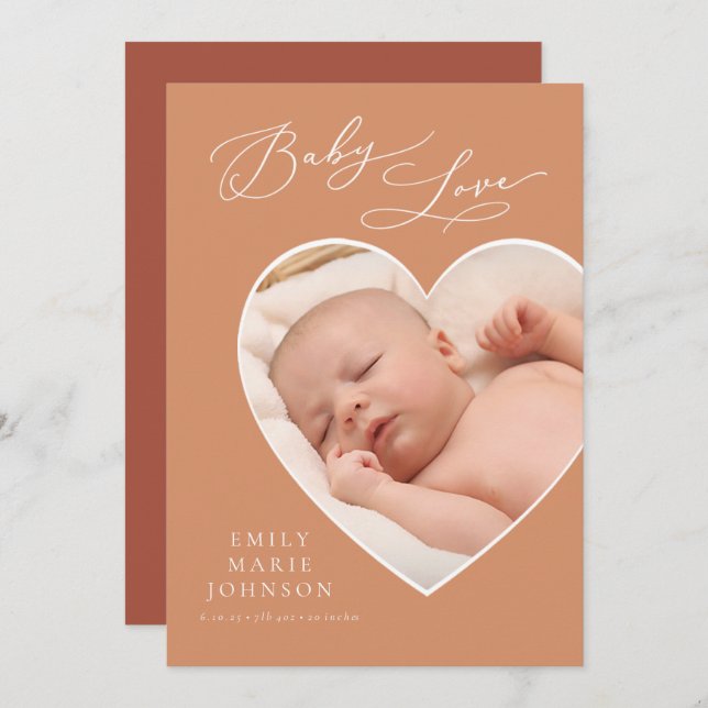 Baby Love Coral Heart Photo Birth Announcement (Front/Back)