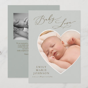 Baby Love Neutral Heart Photo Birth Announcement