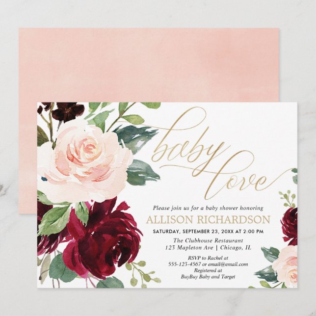 Baby Love pink gold burgundy floral girl shower Invitation (Front/Back)